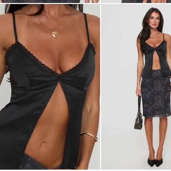 Princess polly black Gunnar Split Front Satin Camisole size US 4 - Picture 1 of 4